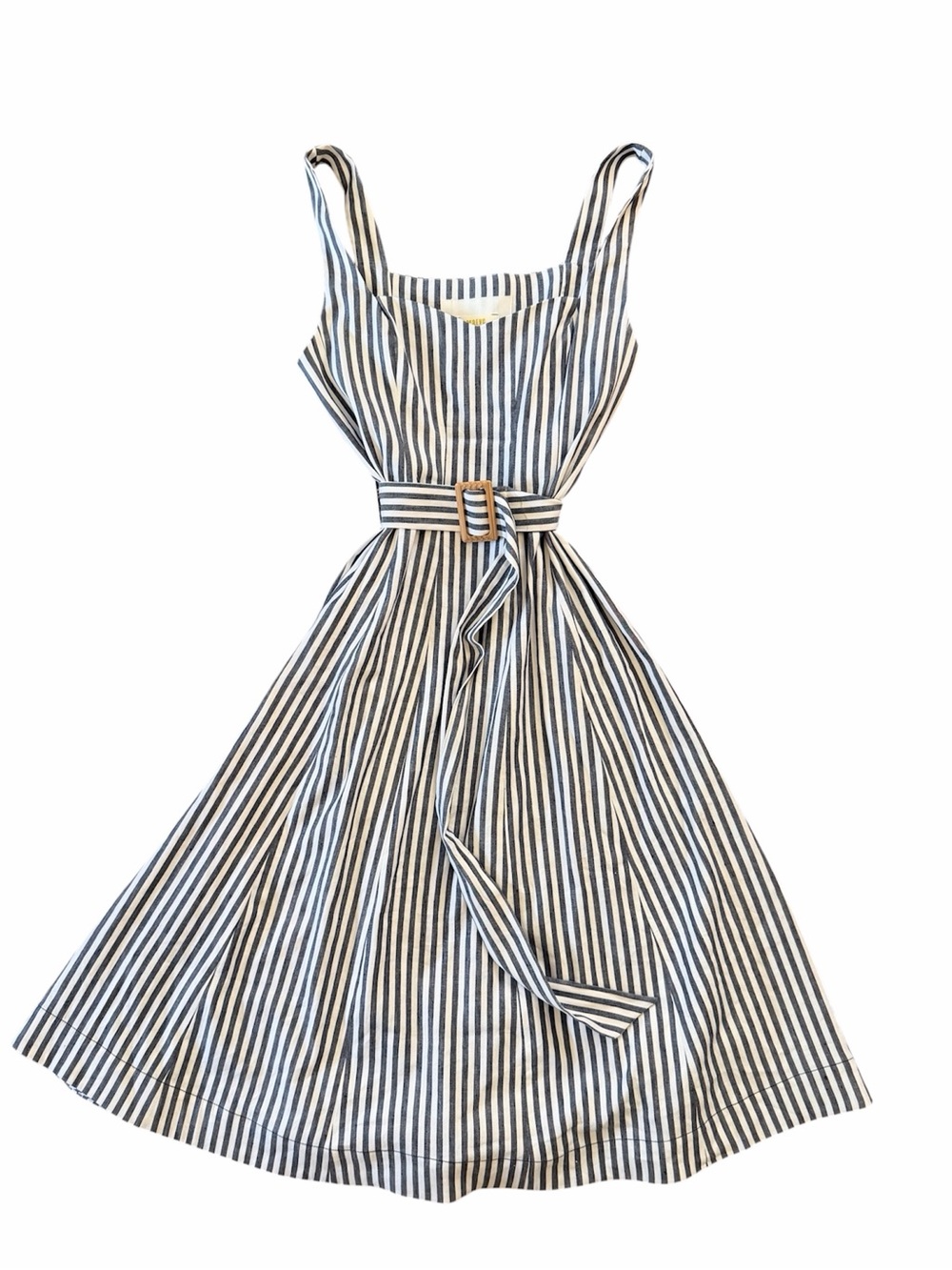 Anthropologie Navy and White Striped Belted Linen Midi Dress